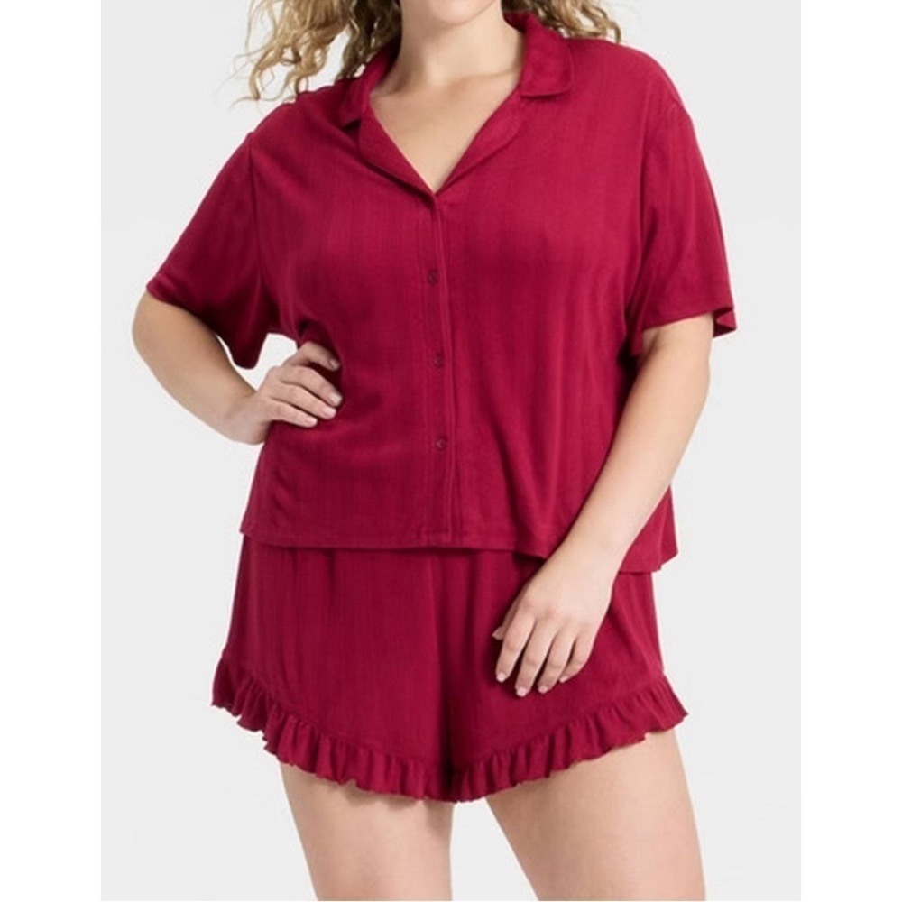 Wild Fable Womens Pajama Set Red Solid Button Down Shirt Ruffle Shorts Size S